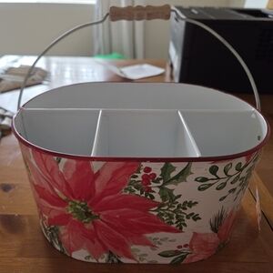 Poinsettia Tin Caddy With Wire And Wood Handle With Tag